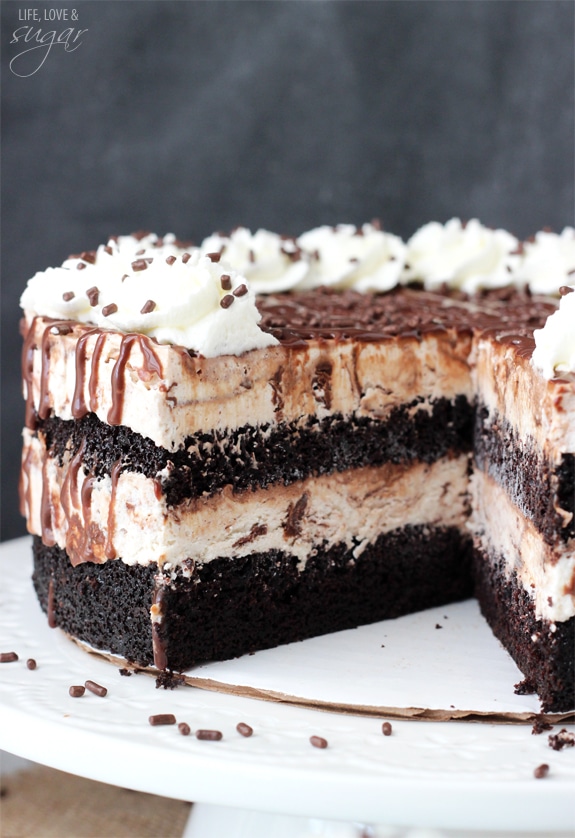 Hot Fudge Swirl Ice Cream Cake with a slice removed