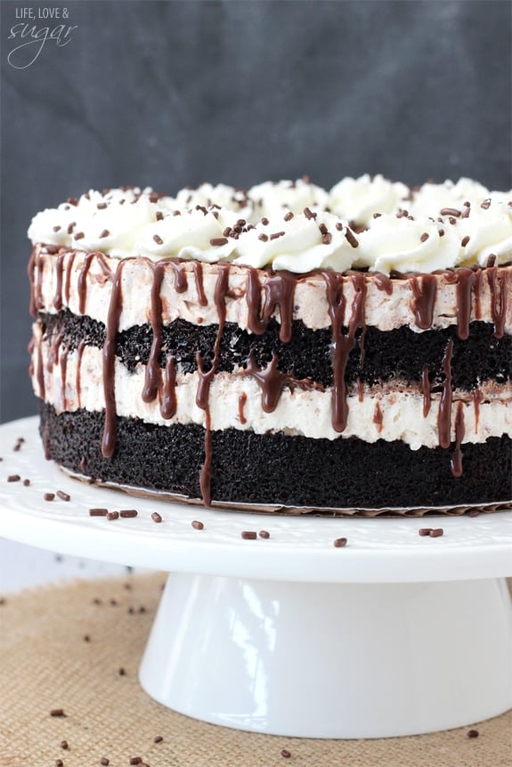 Hot Fudge Swirl Ice Cream Cake on a white cake stand