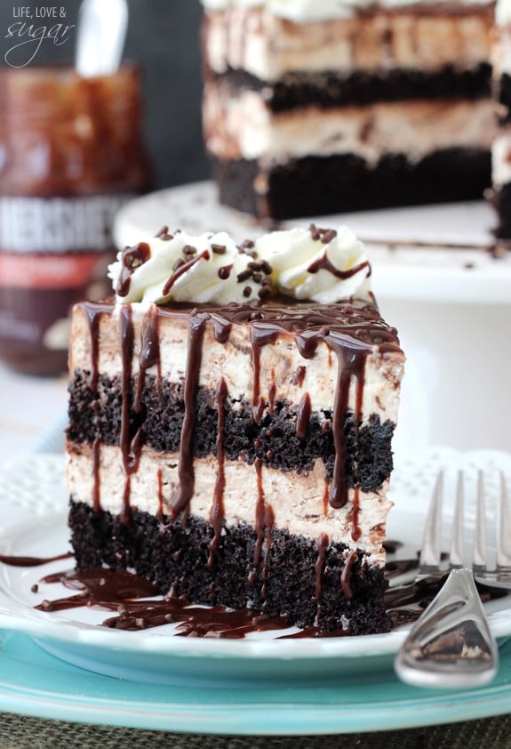 Hot Fudge Swirl Ice Cream Cake slice on a plate