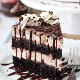 Hot Fudge Swirl Ice Cream Cake slice on white plate