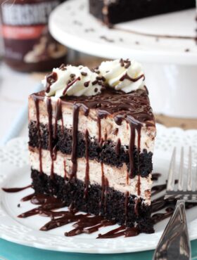 Hot Fudge Swirl Ice Cream Cake slice on white plate