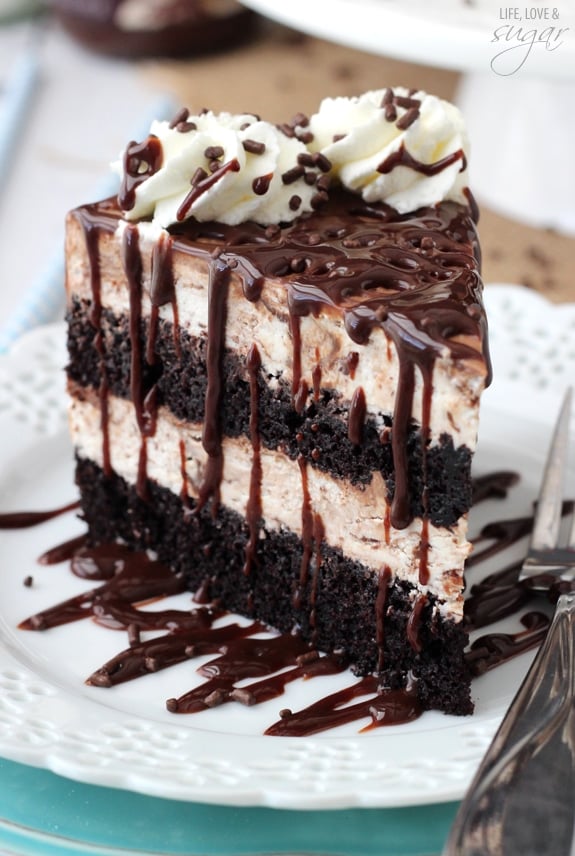 Hot Fudge Swirl Ice Cream Cake slice on a white plate