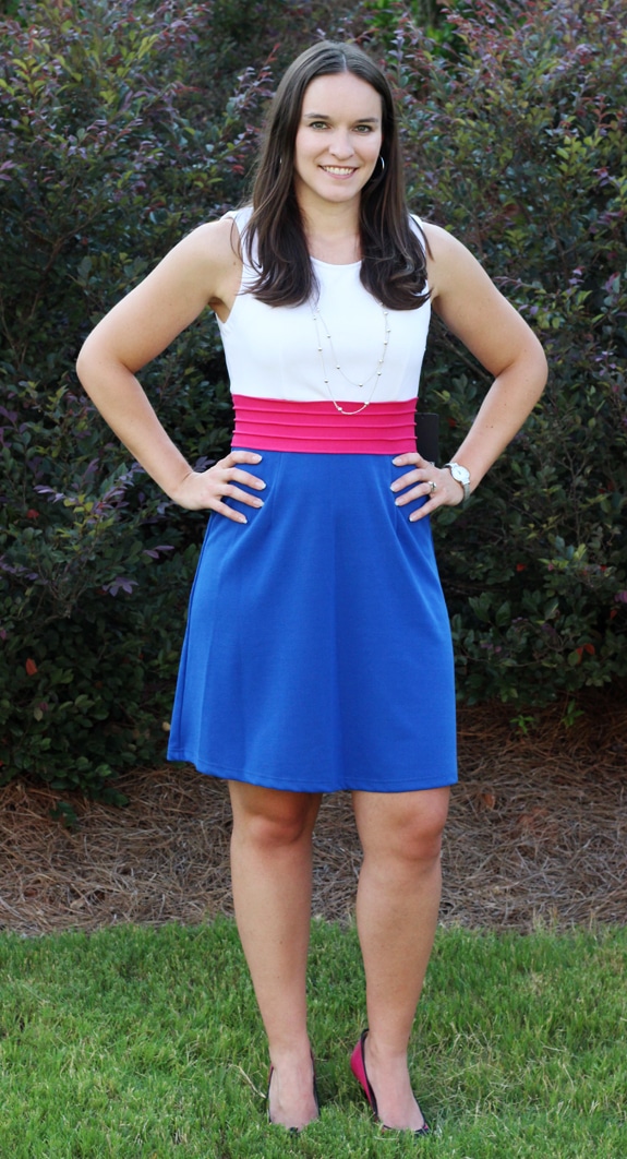 Lindsay Wearing a Blue, Pink and White Dress from Stitch Fix