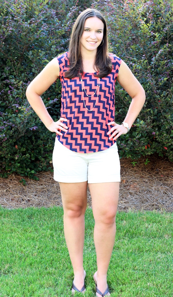 Lindsay Modeling her Blue and Pink Zigzag Top from Stitch Fix