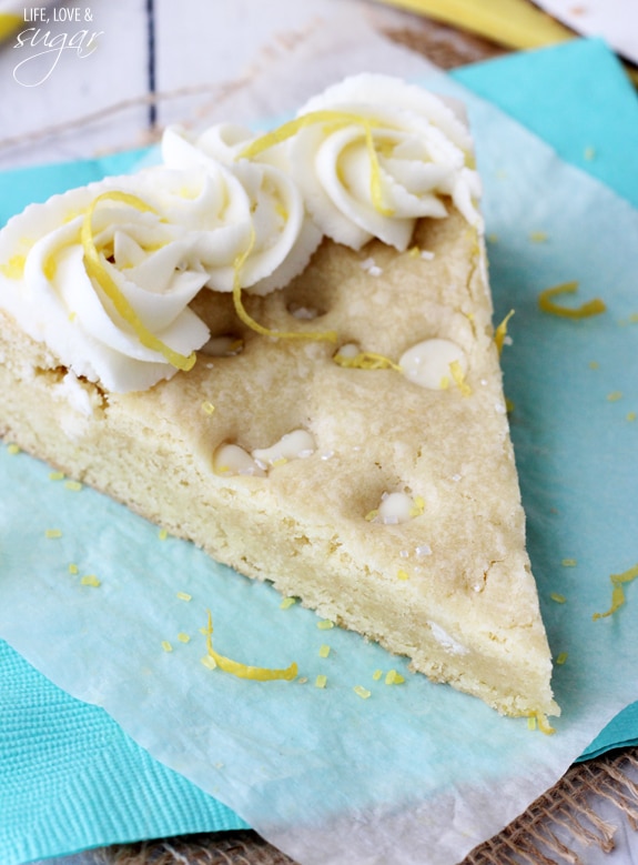 Lemon Cookie Cake slice on a blue napkin