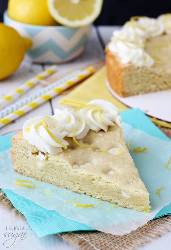 Lemon Cookie Cake slice on a blue napkin