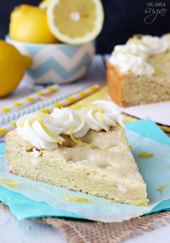 Lemon Cookie Cake on a blue napkin