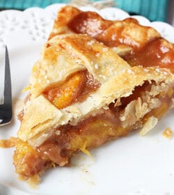 Peach Pie slice on white plate