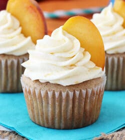 Peach Pie Cupcakes on a blue napkin