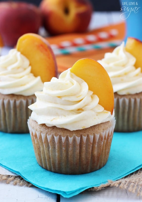 Peach Pie Cupcakes on a blue napkin