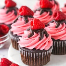 Overhead view of raspberry chocolate cupcakes