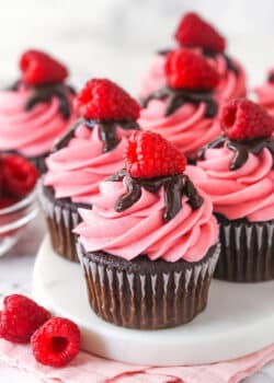 Overhead view of raspberry chocolate cupcakes