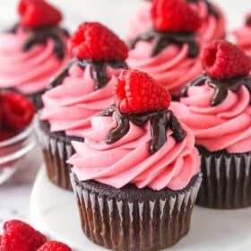 Overhead view of raspberry chocolate cupcakes