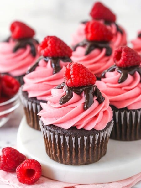 Overhead view of raspberry chocolate cupcakes