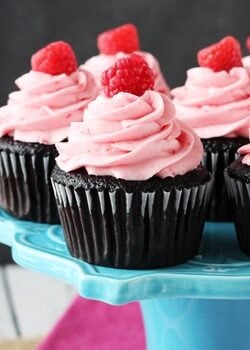 Raspberry Chocolate Cupcakes on blue stand