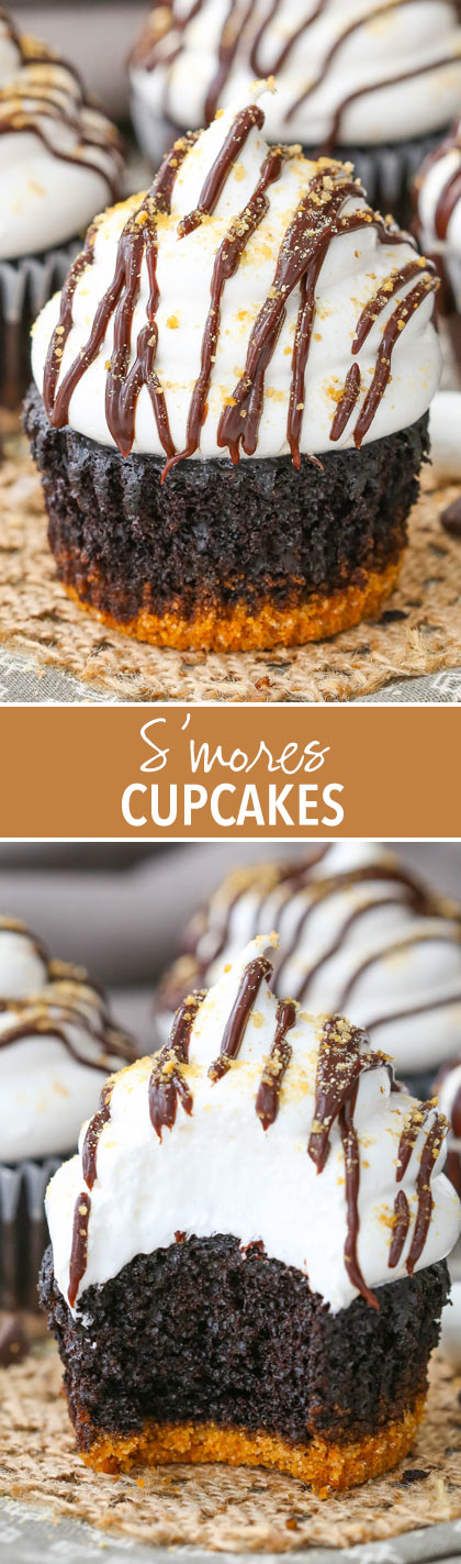 Smores Cupcakes - a graham cracker crust, moist chocolate cupcakes and marshmallow frosting!
