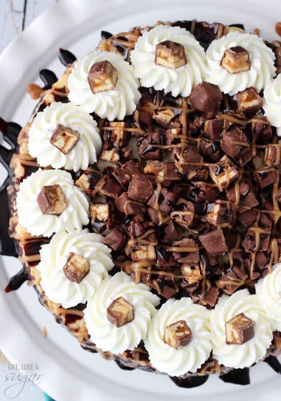 Overhead view of a Snickers Cheesecake