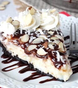 Almond Joy Pie slice on white plate