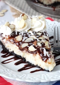 Almond Joy Pie slice on white plate