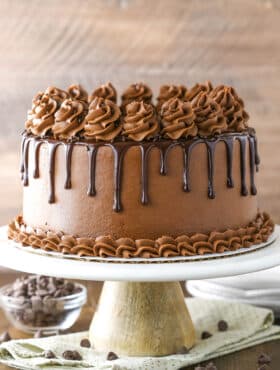 A homemade chocolate cake on a cake stand