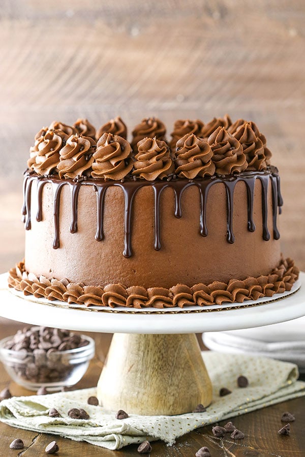 Frosted chocolate cake on a stand with chocolate ganache drizzled on top