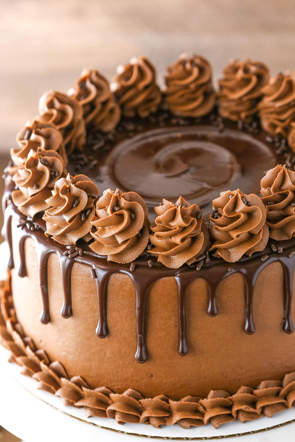 Close up of a decorated chocolate cake with ganache