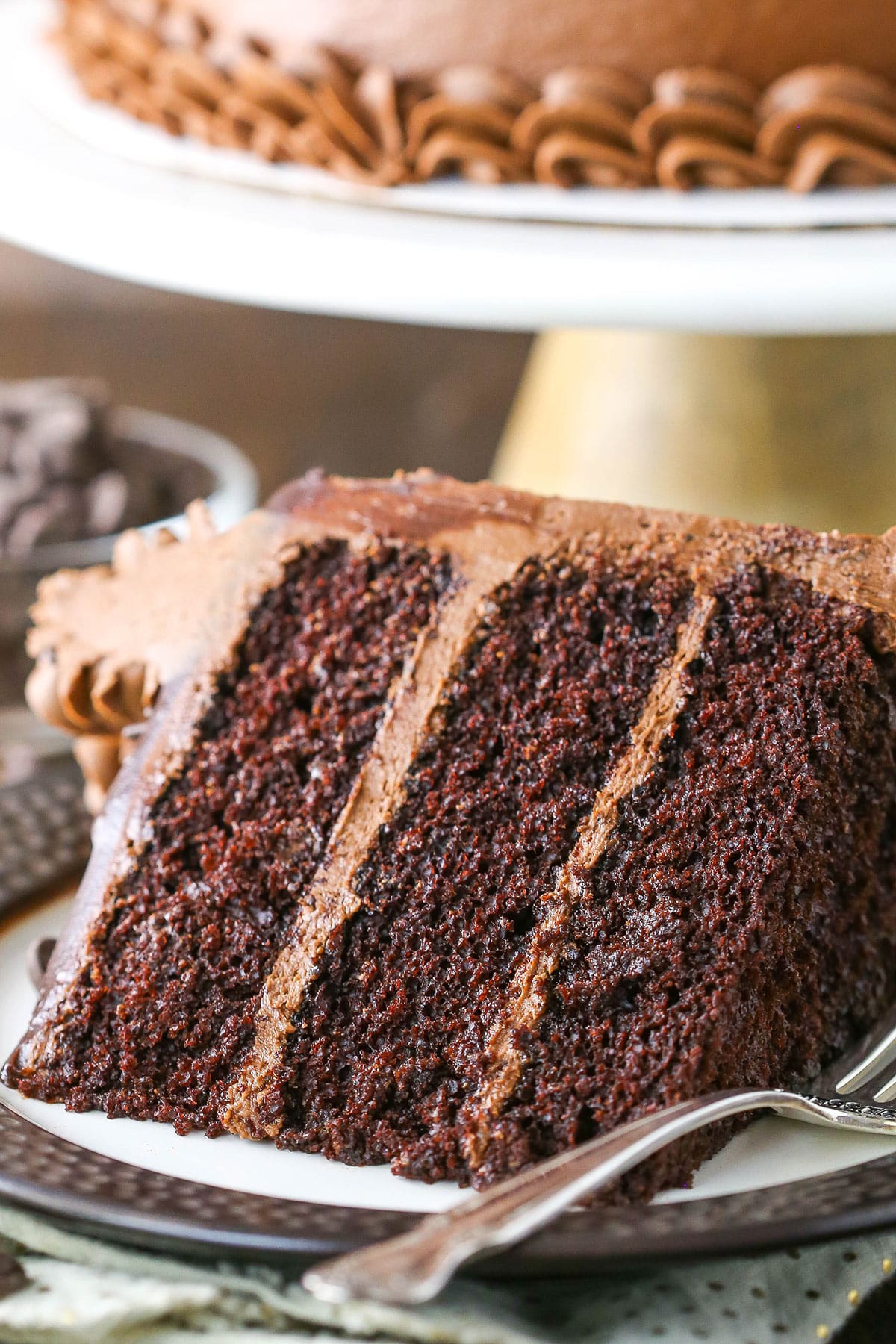 A slice of layered chocolate cake on a plate