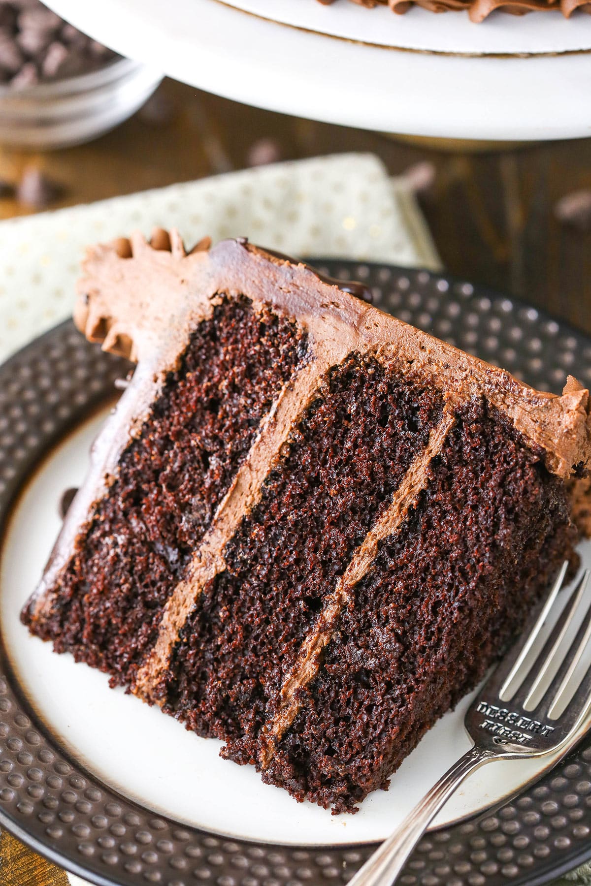 A slice of layered chocolate cake on a plate