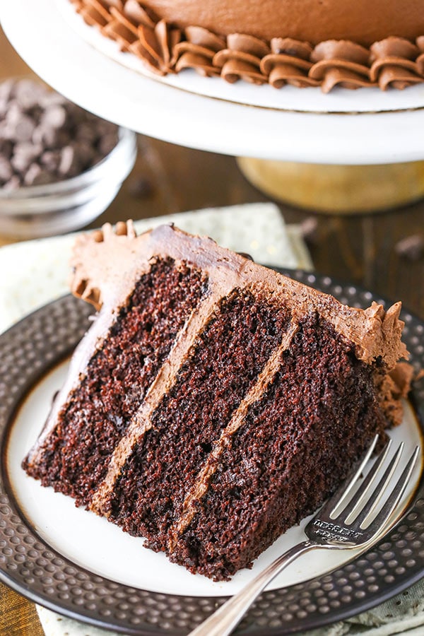 A slice of chocolate layer cake on a plate