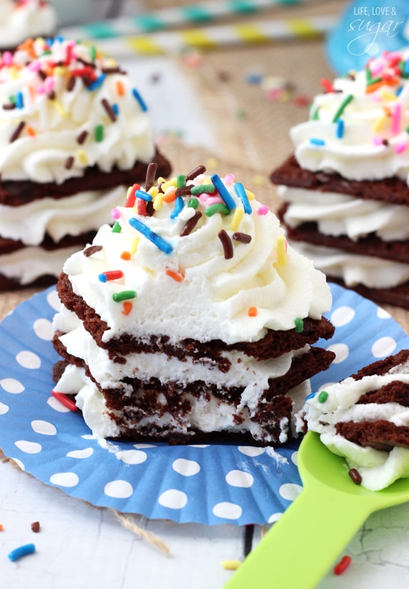 Birthday Cake Brownie Brittle Icebox Cupcake on a blue paper