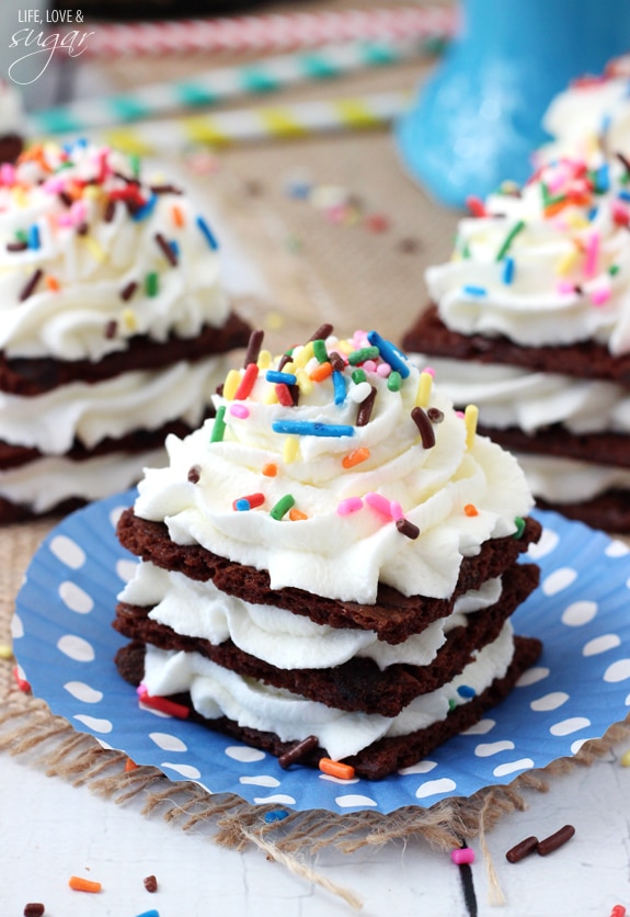 Three Brownie Brittle Birthday Cake Icebox Cupcakes on Polka Dot Pieces of Paper