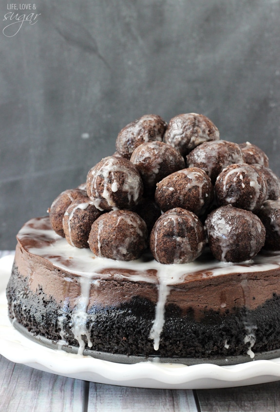 Chocolate Donut Cheesecake on a white plate