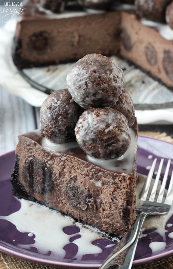 A Chocolate Donut Hole Cheesecake Slice on a Plate