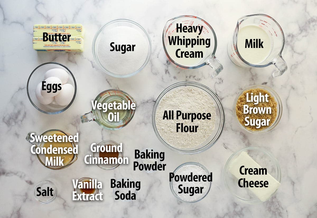 Overhead view of ingredients needed to make cinnamon roll poke cake