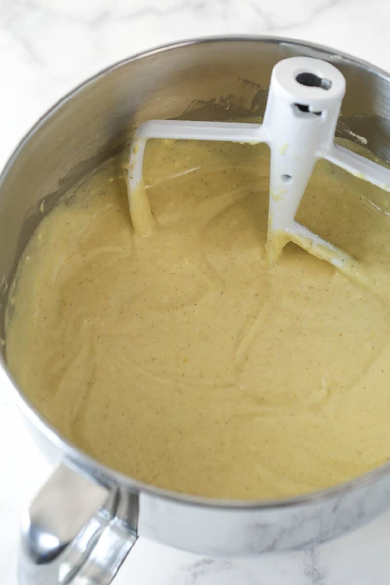 Cake batter in a mixing bowl