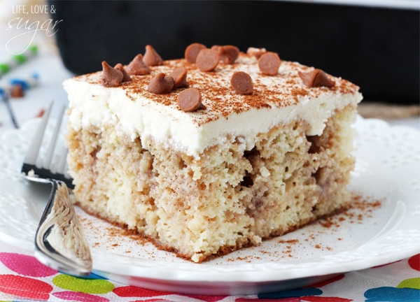 Cinnamon Roll Poke Cake square on a plate