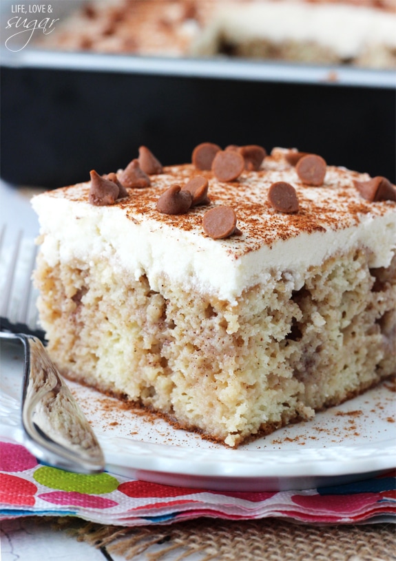 Cinnamon Roll Poke Cake square on a plate