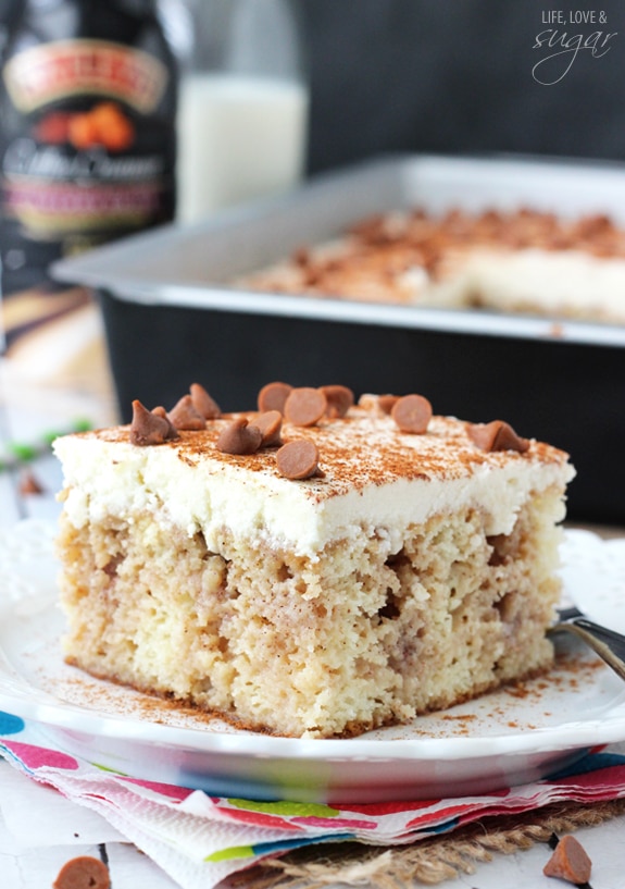 Cinnamon Roll Poke Cake square on a plate