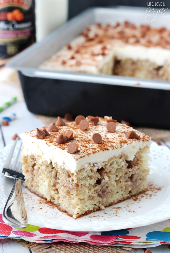 Cinnamon Roll Poke Cake square on a plate