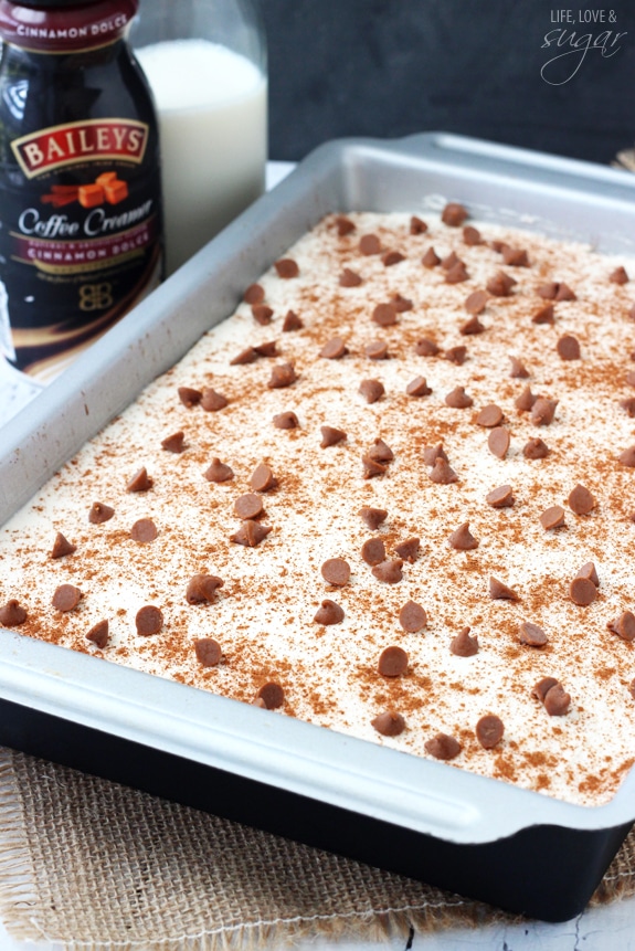 Cinnamon Roll Poke Cake in a rectangular pan