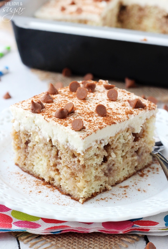 Cinnamon Roll Poke Cake square on a plate