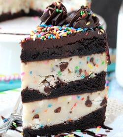 Funfetti Cake Batter Cookie Dough Brownie Layer Cake slice on white plate