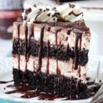 Hot Fudge Swirl Ice Cream Cake slice on white plate