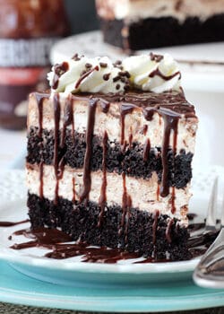 Hot Fudge Swirl Ice Cream Cake slice on white plate