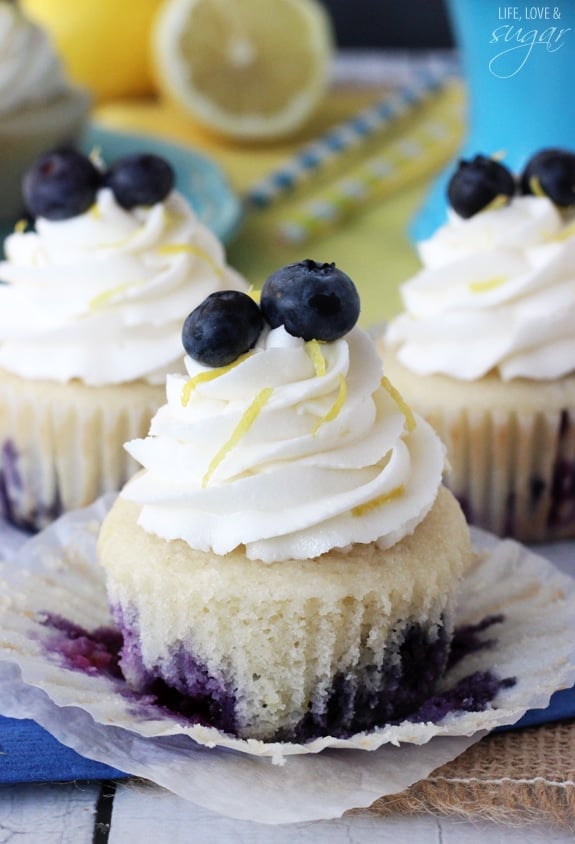 Lemon Blueberry Cupcakes with cupcake paper unwrapped