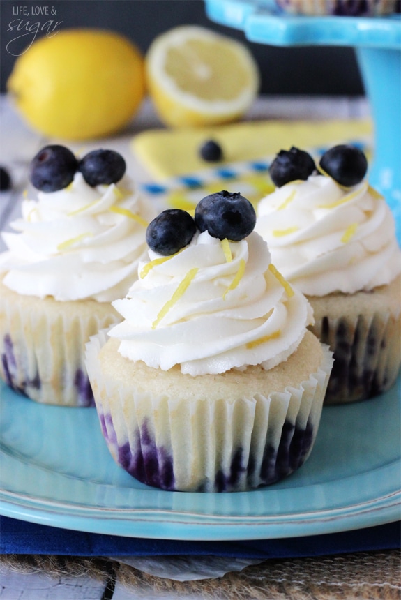 Lemon Blueberry Cupcakes on a blue plate