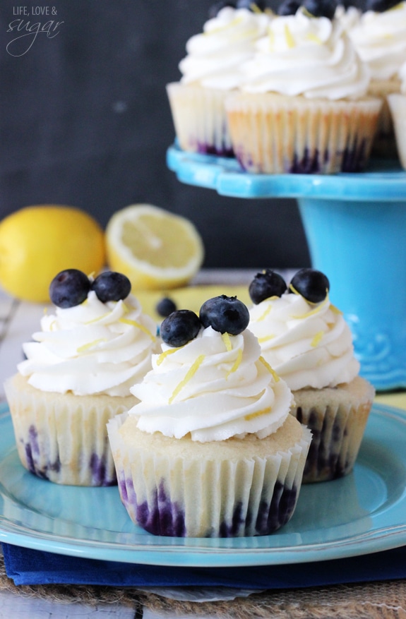 Lemon Blueberry Cupcakes on a blue plate