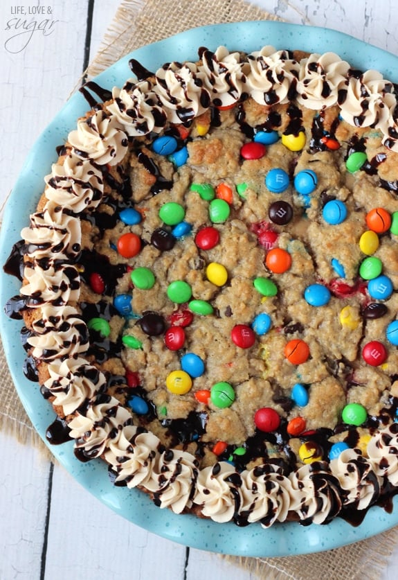 Overhead view of Monster Cookie Cheesecake Pie