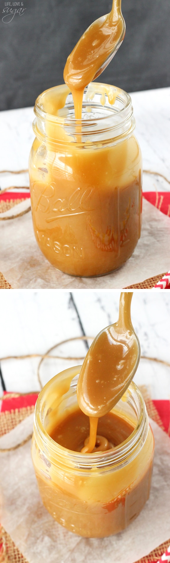 Collage of a spoon scooping caramel sauce from a mason jar