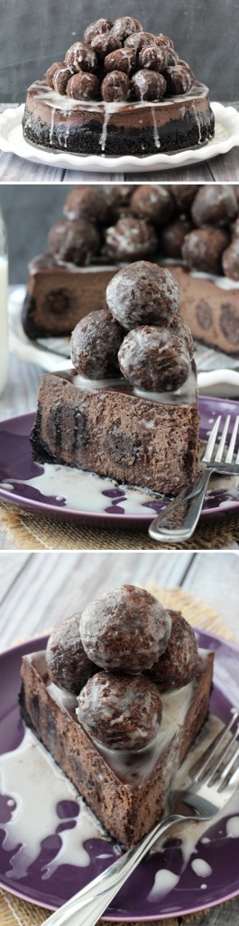 Three Images of a Chocolate Donut Hole Cheesecake